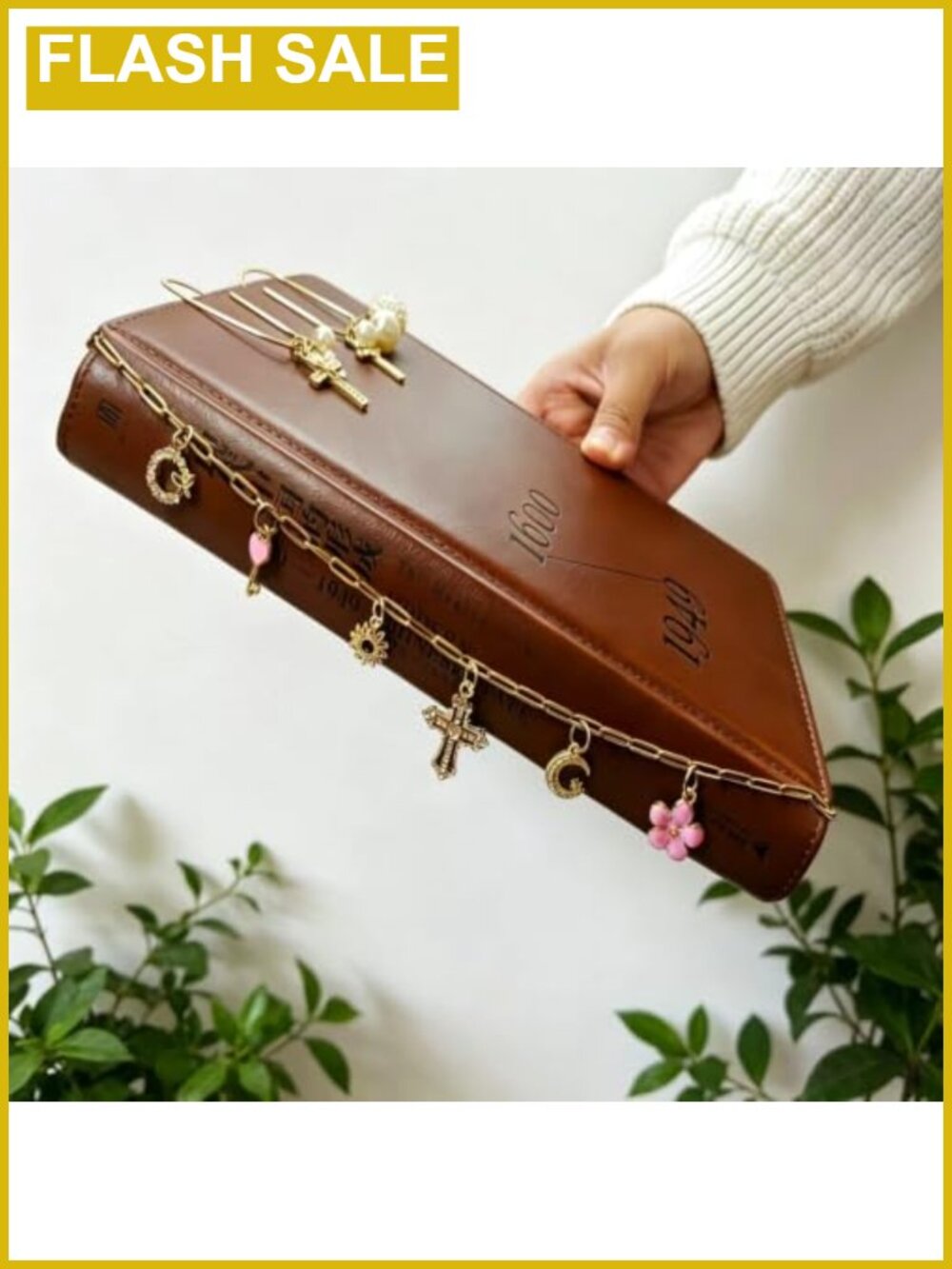 Gold-Tone Bible Charm Chain with 2 Cross Paper Clips Bookmark Set